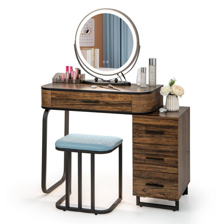 Makeup Vanities |  Vanity Table Set with 3-Color Lighted Mirror and Charging Station Brown Bedroom Brown