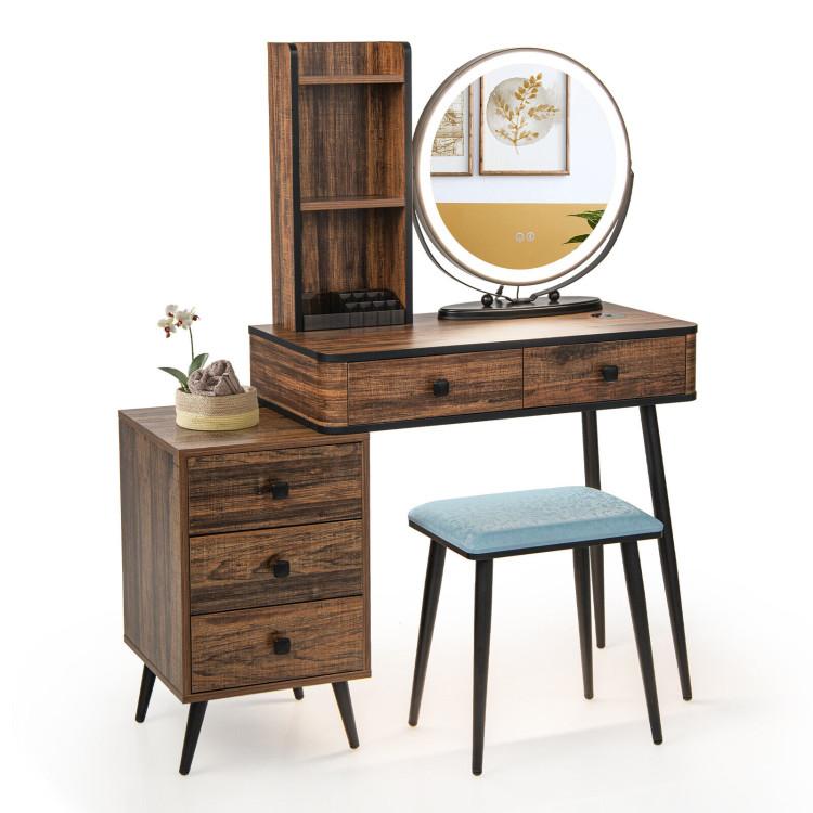 Makeup Vanities |  Vanity Table Set with 3-Color Lighted Mirror and Cushioned Stool Rustic Brown Bedroom Makeup Vanities