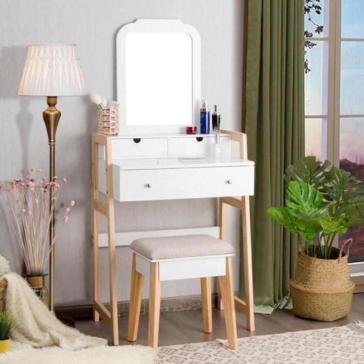 Makeup Vanities |  Vanity Table Set with Cushioned Stool and Large Mirror White And Natural Bedroom Makeup Vanities