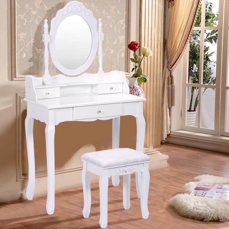 Makeup Vanities |  Vanity Table Set with Cushioned Stool with 360° Rotating Oval Mirror and Three Drawers White Bedroom Makeup Vanities