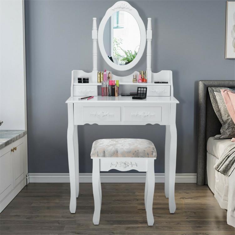 Makeup Vanities |  Vanity Table Set with Oval Mirror and 4 Drawers White Bedroom Makeup Vanities