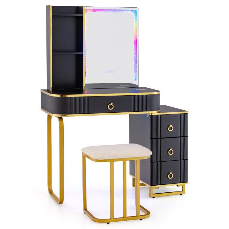 Makeup Vanities |  Vanity Table Set with RGB LED Lights and Wireless Charging Station Black Bedroom Black