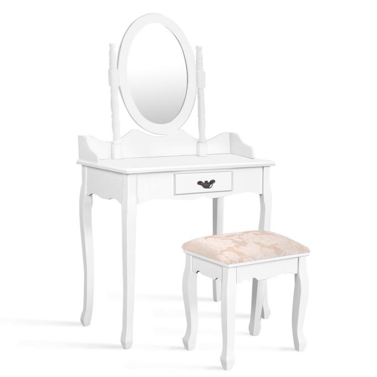 Makeup Vanities |  Wooden Vanity Table Set with Oval Mirror and Cushioned Stool White Bedroom Makeup Vanities