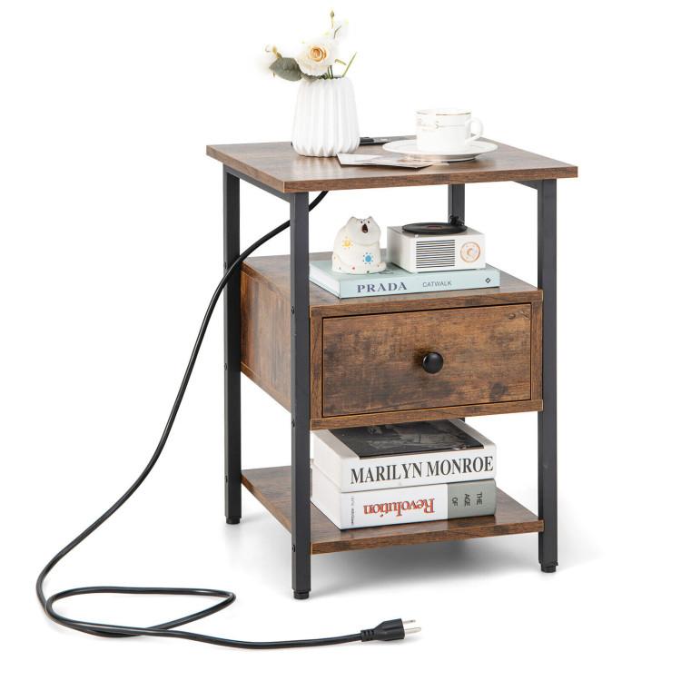 Nightstands |  1/2 Pieces 3-Tier Nightstand with Charging Station and Drawer Rustic Brown Bedroom Nightstands