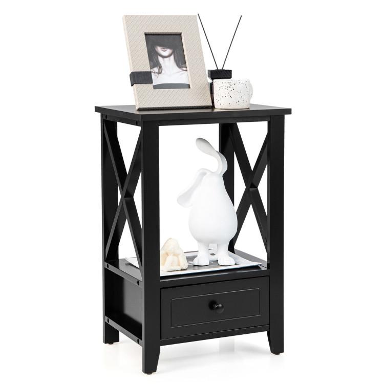 Nightstands |  2-Tier 16 x 14 Inch Multifunctional Nightstand with Storage Drawer Black Bedroom Black