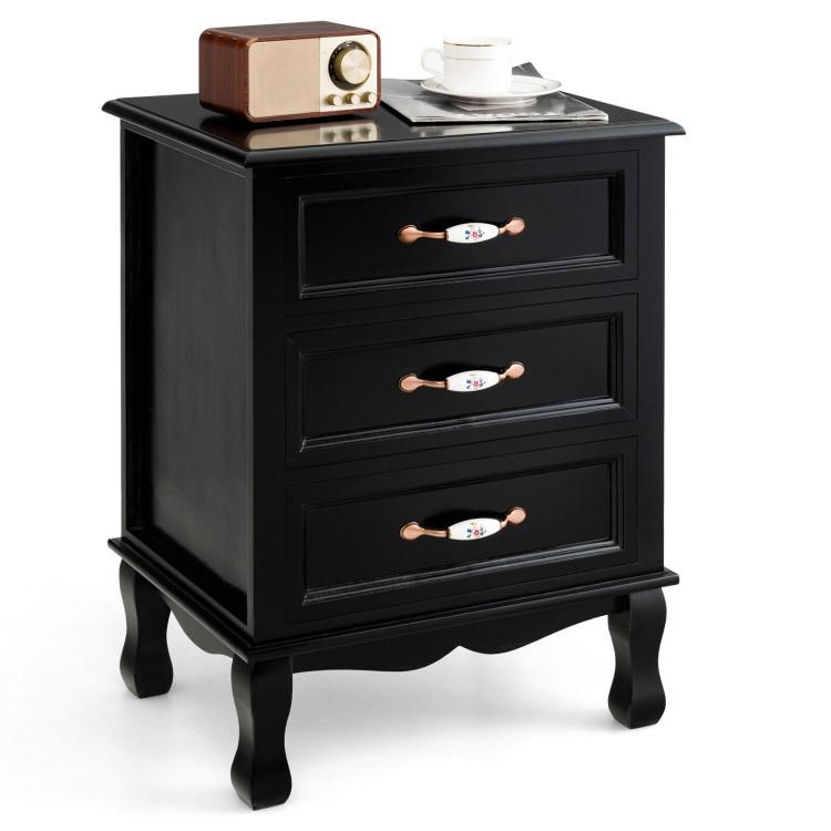 Nightstands |  3 Drawers Nightstand with Solid Wood Legs for Living Room Bedroom Black Bedroom Black