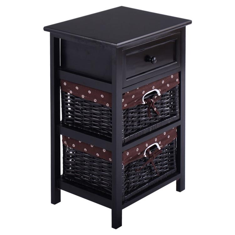 Nightstands |  3 Tiers Wooden Storage Nightstand with 2 Baskets and 1 Drawer Black Bedroom Black