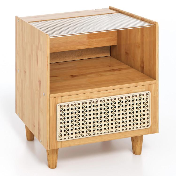 Nightstands |  Bamboo Rattan Nightstand with Drawer and Solid Wood Legs Natural Bedroom Natural