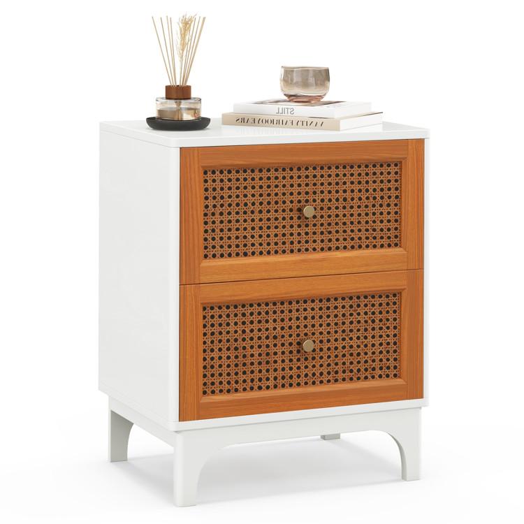 Nightstands |  Boho Accent Table Nightstand with 2 Handwoven Rattan Decorated Drawers White Bedroom Nightstands