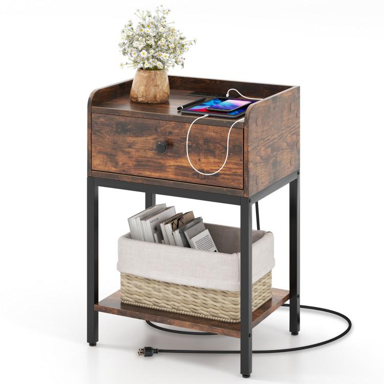 Nightstands |  Industrial Bedside Table Nightstand with Charging Station Rustic Brown Bedroom Nightstands