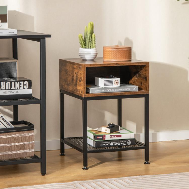 Nightstands |  Industrial Nightstand End Side Table with Mesh Shelf Brown + Black Bedroom Brown + Black