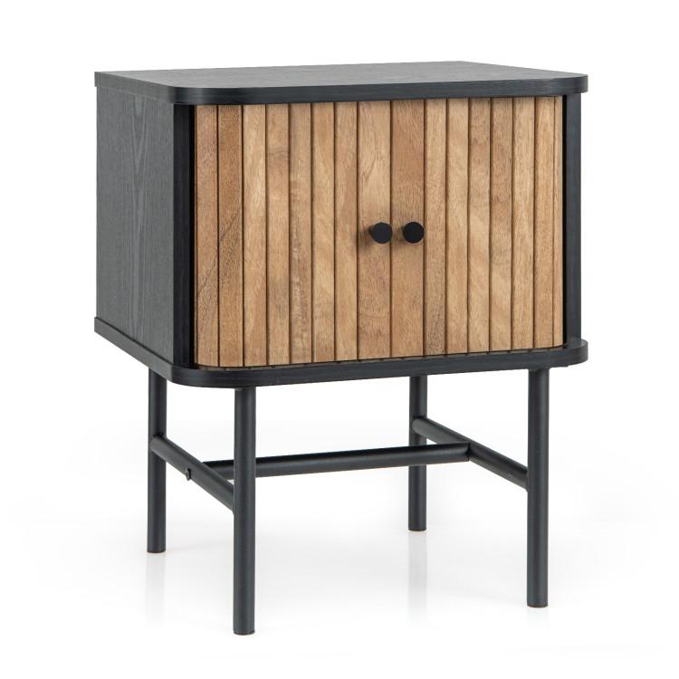 Nightstands |  Mid-century Modern Nightstand with Sliding Doors and Storage Cabinet Black Bedroom Black