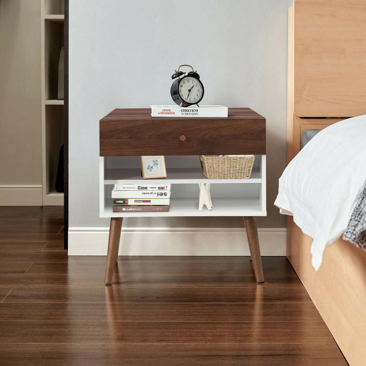 Nightstands |  Mid-Century Nightstand with Drawer and Rubber Wood Legs Walnut, White Bedroom Nightstands