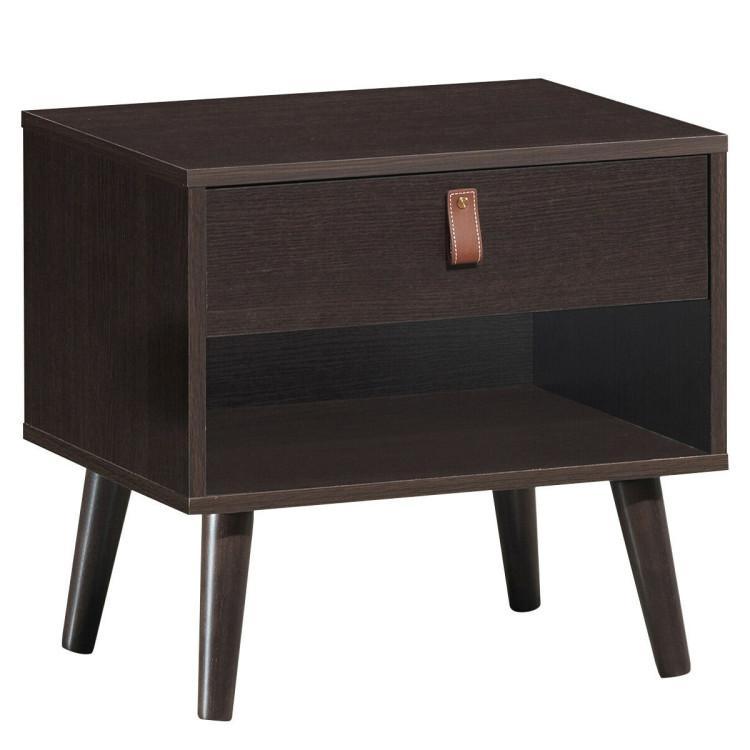 Nightstands |  Mid-Century Style Nightstand with Drawer Storage Shelf Brown Bedroom Brown