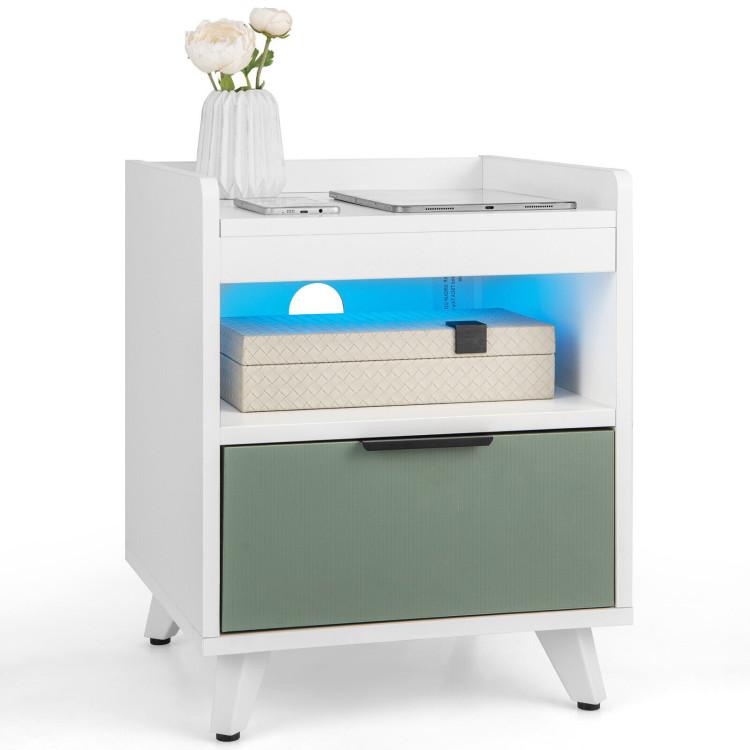 Nightstands |  Modern Nightstand with LED Lights Sliding Drawer and Open Compartment White Bedroom Nightstands