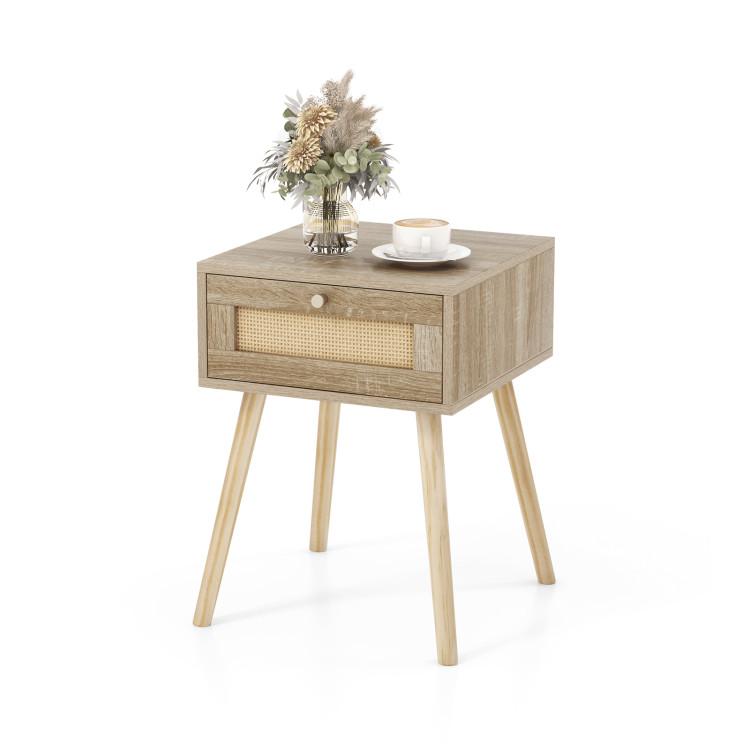 Nightstands |  Modern Rattan Nightstand with Drawer and Solid Wood Legs for Bedroom and Living Room Natural Bedroom Natural