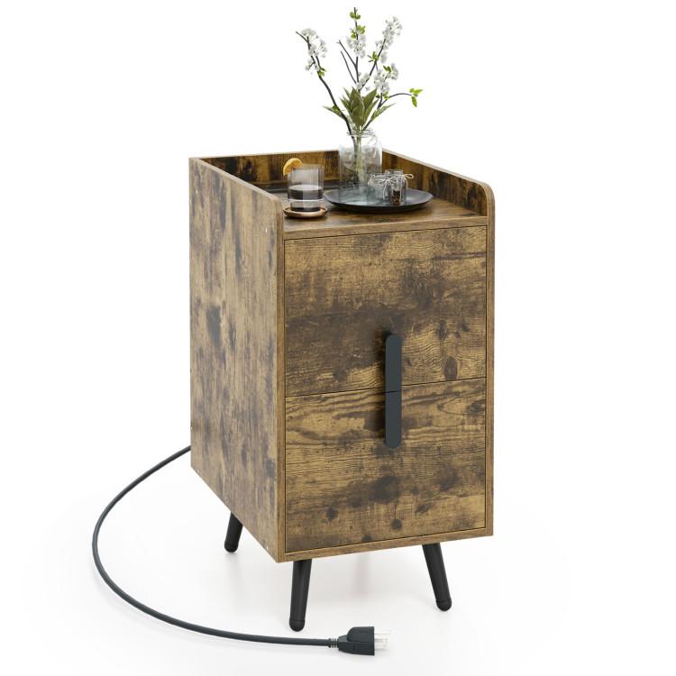 Nightstands |  Nightstand Side Tables with 2 Drawers and 2 USB Ports Rustic Brown Bedroom Nightstands