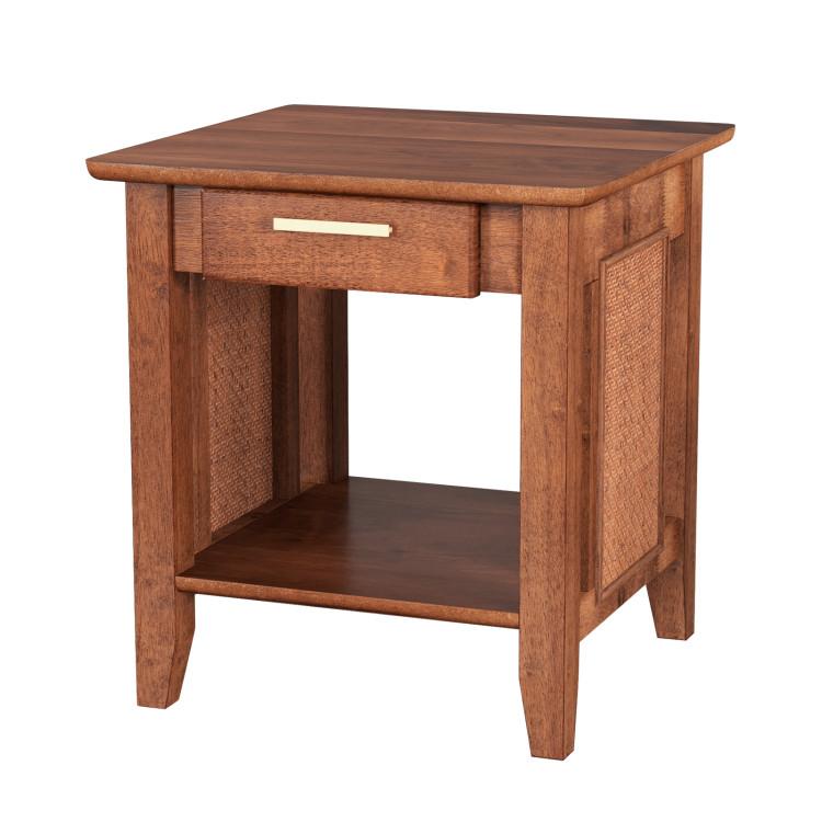 Nightstands |  Rattan Nightstand End Table with Drawer and Storage Shelf Walnut Bedroom Nightstands