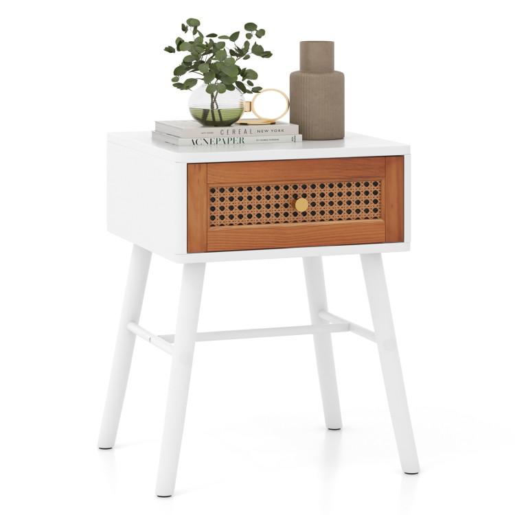 Nightstands |  Rattan Nightstand Mid Century Modern Accent Table with Drawer White Bedroom Nightstands