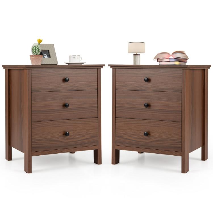 Nightstands |  Set of 2 3-Drawer Nightstand with Wooden Finish for Bedroom Brown Bedroom Brown