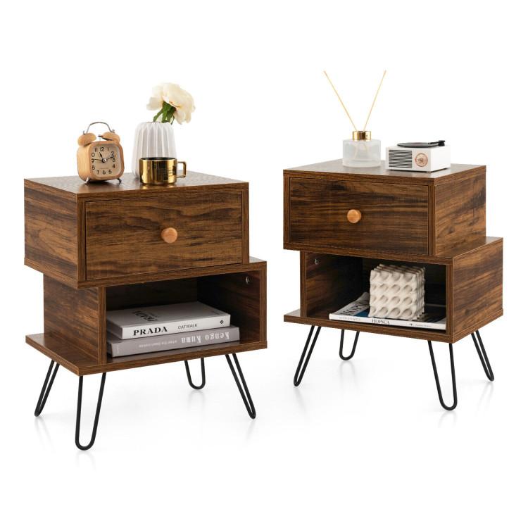 Nightstands |  Set of 2 Irregular 2-Tier Wooden Nightstands with Elevated Metal Feet Walnut Bedroom Nightstands