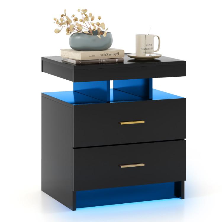 Nightstands |  Set of 2 LED Nightstand with 2 Storage Drawers for Bedroom Black Bedroom Black