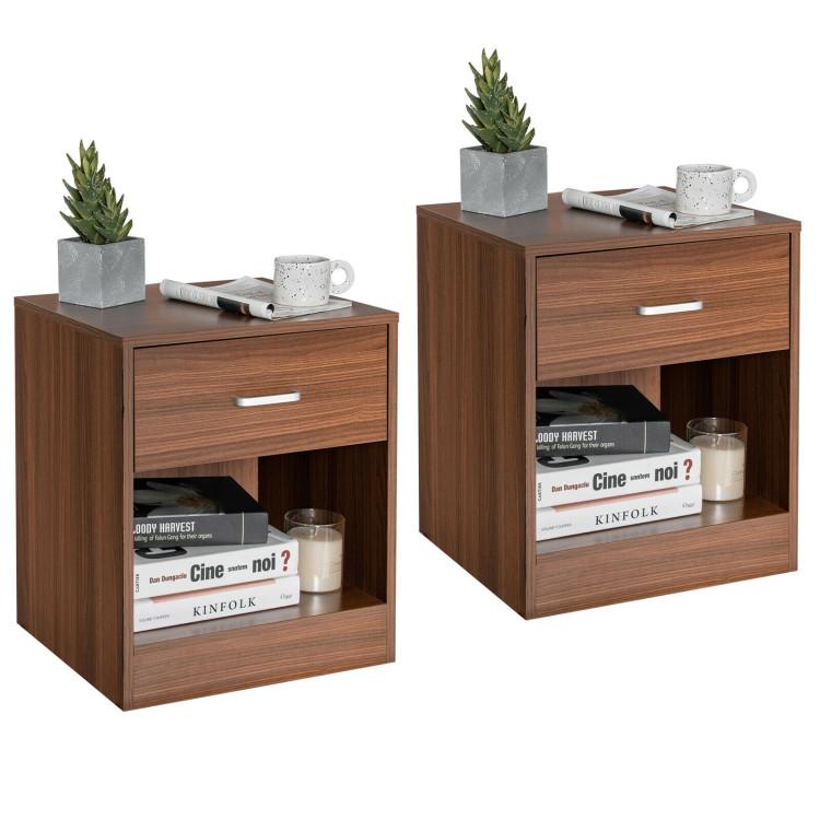 Nightstands |  Set of 2 Modern Wooden Nightstands with Storage Drawer and Open Cabinet Brown Bedroom Brown