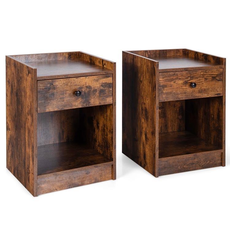 Nightstands |  Set of 2 Nightstand with Drawer Cabinet End Side Table Raised Top Brown Bedroom Brown