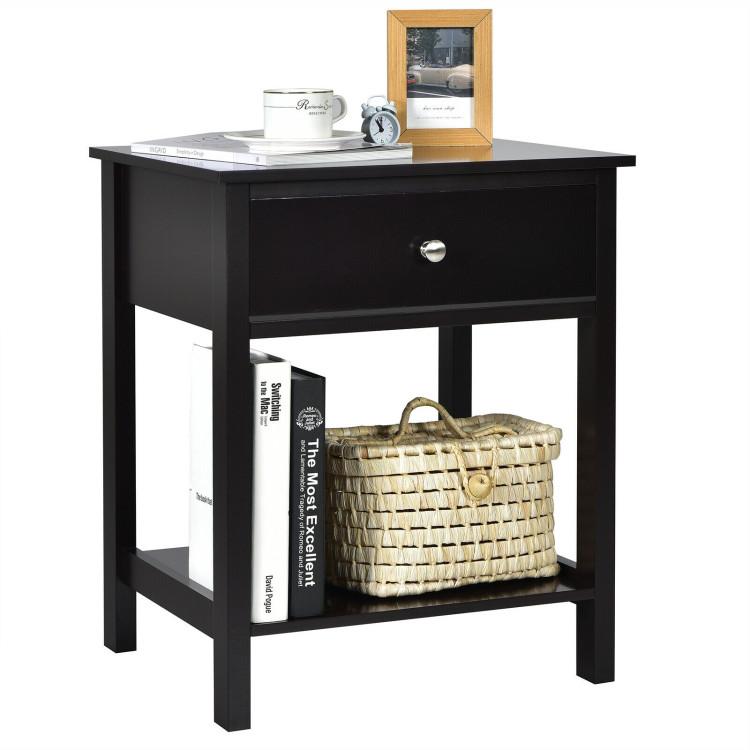 Nightstands |  Wooden Storage Shelf with Drawer for Bedroom and Living Room Black Bedroom Black