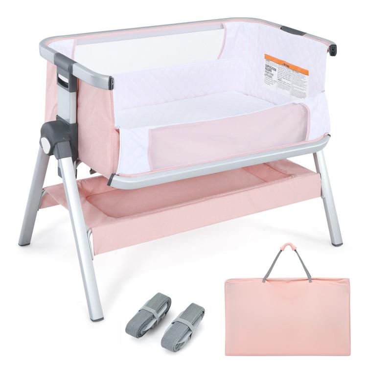 Nursery Furniture |  Baby Bedside Bassinet with Storage Basket and Wheels Pink Furniture Nursery Furniture