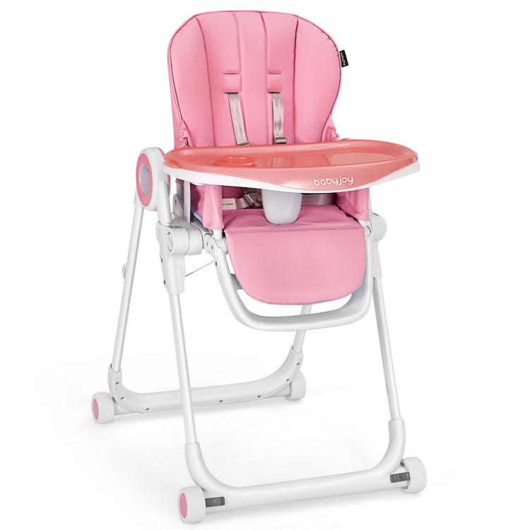 Nursery Furniture |  Baby High Chair Foldable Feeding Chair with 4 Lockable Wheels Pink Furniture Nursery Furniture