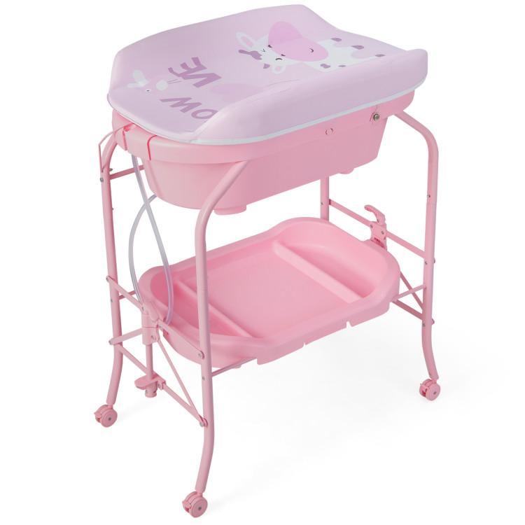 Nursery Furniture |  Folding Baby Changing Table with Bathtub and 4 Universal Wheels Pink Furniture Nursery Furniture