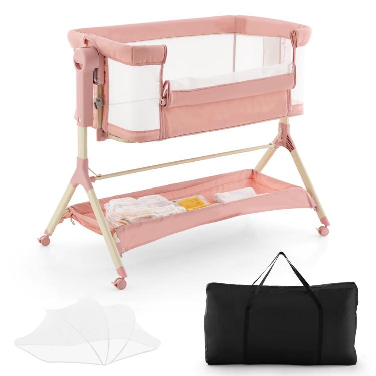 Nursery Furniture |  Height Adjustable Bedside Sleeper with Storage Bag and Soft Mattress for Baby Pink Furniture Nursery Furniture