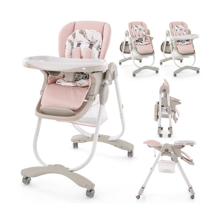 Nursery Furniture |  Multifunctional Folding Baby High Chair with Rolling Wheels and Adjustable Height Pink Furniture Nursery Furniture