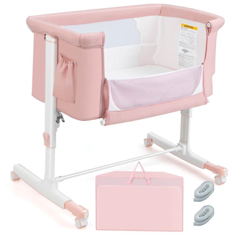 Nursery Furniture |  Portable Baby Bedside Bassinet with 5-level Adjustable Heights and Travel Bag Pink Furniture Nursery Furniture