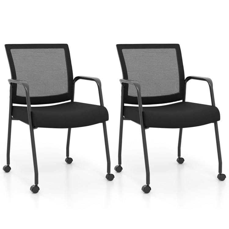 Office Chairs |  2 Pieces Office Guest Chairs on Wheels with Metal Frame and Armrests Black Home Office Black