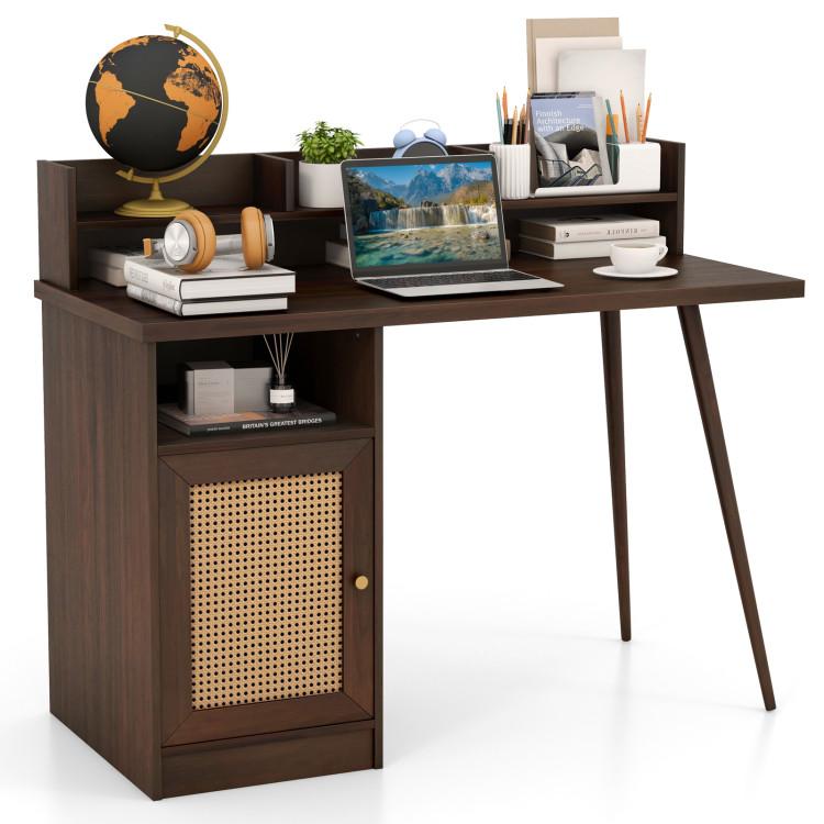 Office Desks |  48 Inch Computer Desk with Hutch and PE Rattan Cabinet Shelves Walnut Home Office Office Desks