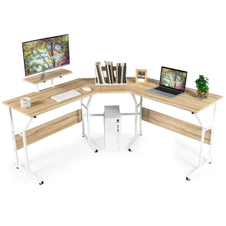 Office Desks |  88.5 Inch L Shaped Reversible Computer Desk Table with Monitor Stand Natural Home Office Natural