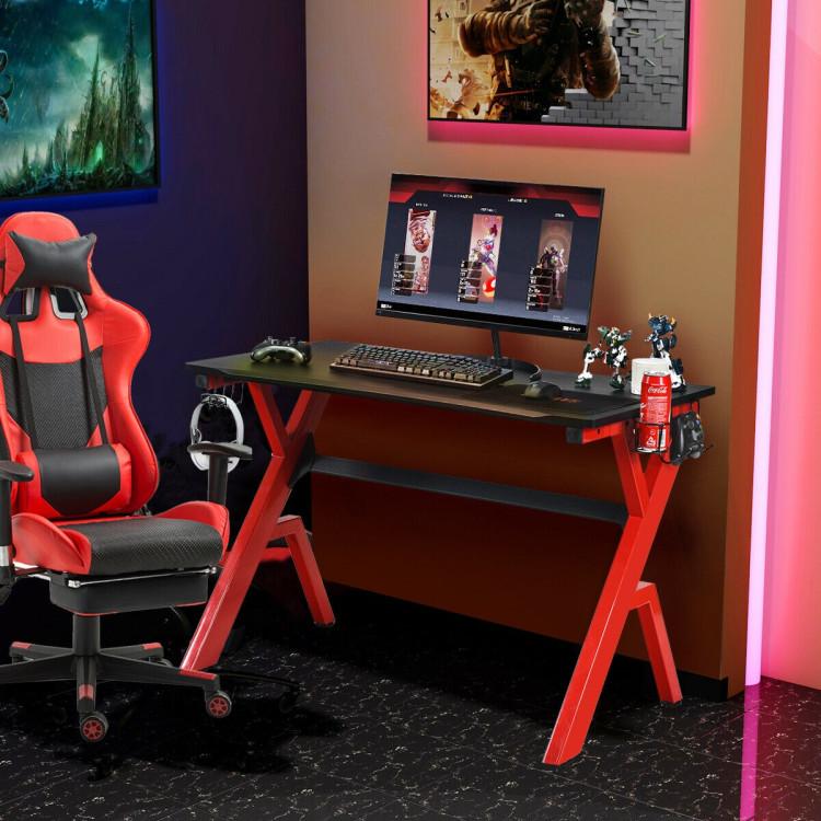 Office Desks |  Ergonomic Gaming Desk with Carbon Fiber Surface and R-Shape Steel Frame Black + Red Black + Red