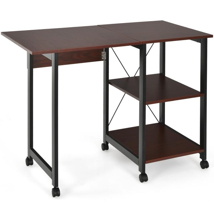 Office Desks |  Folding Writing Office Desk with Storage Shelves Brown Home Office Brown