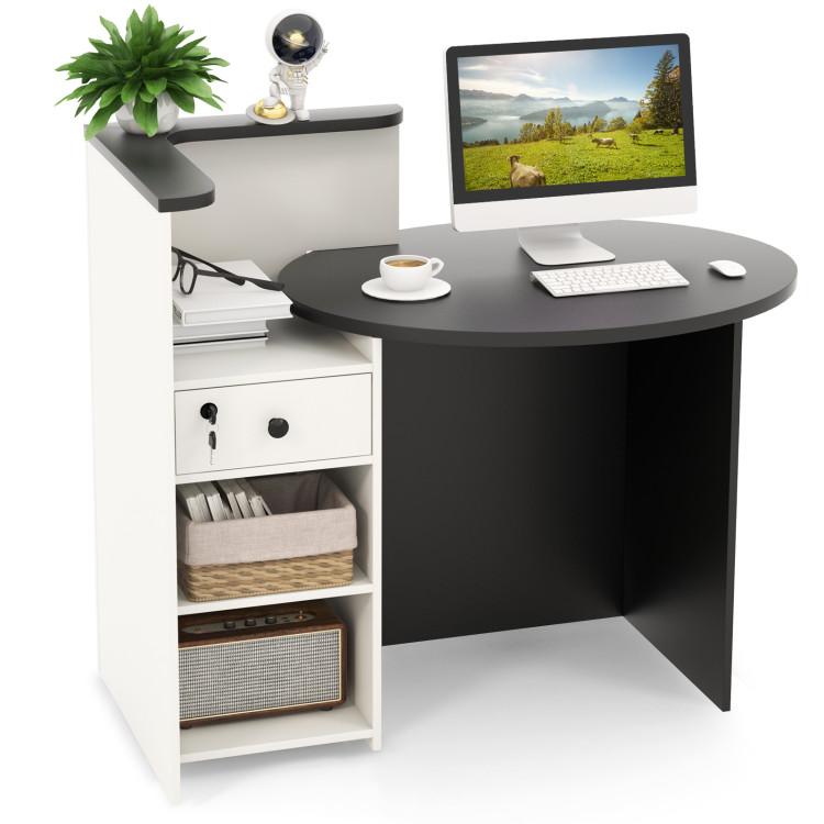 Office Desks |  Front Reception Office Desk with Open Shelf and Lockable Drawer Black & White Home Office Black & White