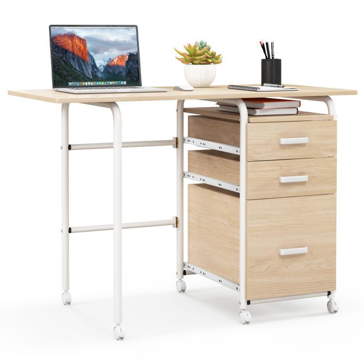 Office Desks |  Home Office Folding Computer Laptop Desk Wheeled with 3 Drawers Natural Home Office Natural