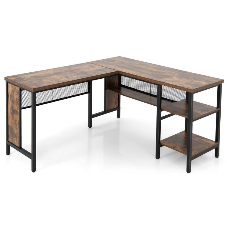 Office Desks |  Industrial L-Shaped Corner Computer Desk Office Workstation with Storage Shelves Rustic Brown Home Office Office Desks