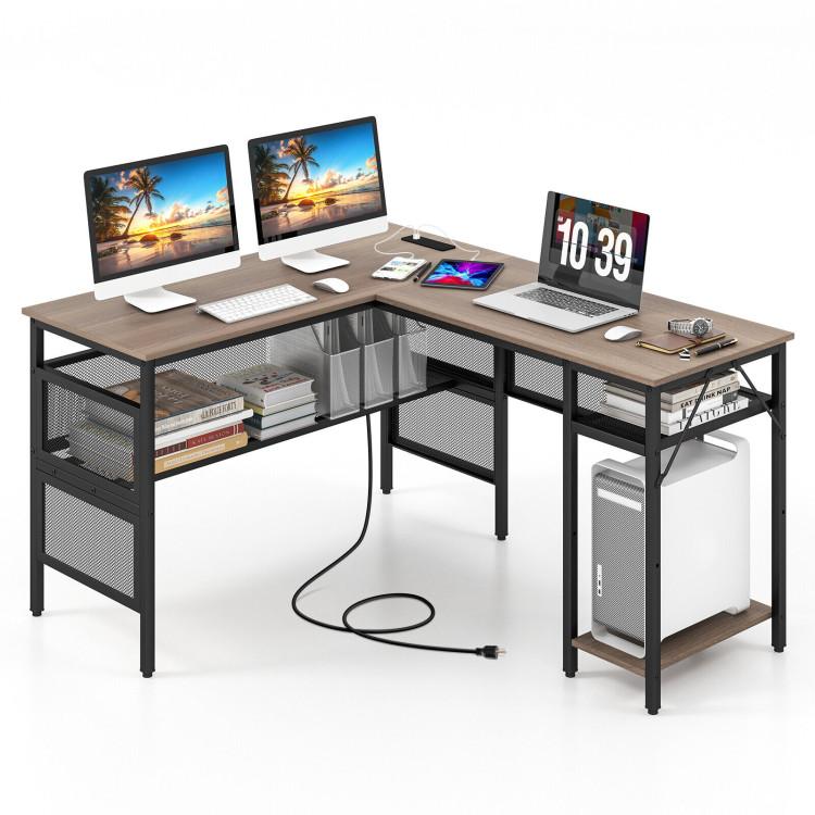 Office Desks |  L-Shaped Computer Desk with Charging Station and Adjustable Shelf Gray Home Office Gray