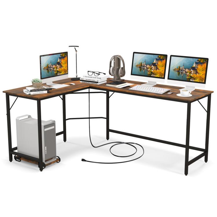 Office Desks |  L-Shaped Computer Desk with CPU Stand Power Outlets and USB Ports Rustic Brown Home Office Office Desks