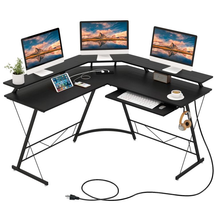 Office Desks |  L-shaped Computer Desk with Power Outlet and Monitor Stand Black Home Office Black