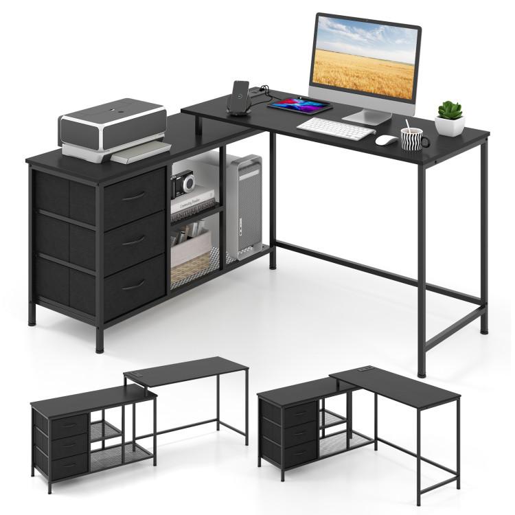 Office Desks |  L-shaped Computer Desk with Power Outlet for Working Studying Gaming Black Home Office Black