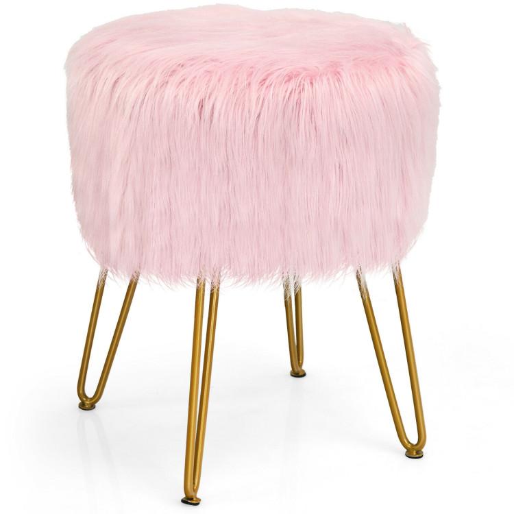 Ottomans |  Faux Fur Vanity Stool Chair with Metal Legs for Bedroom and Living Room Pink Living Room Ottomans