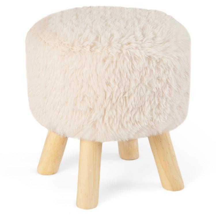 Ottomans |  Round Footstool Ottoman Faux Fur Footrest with Padded Seat and Rubber Wood Legs White Living Room Ottomans