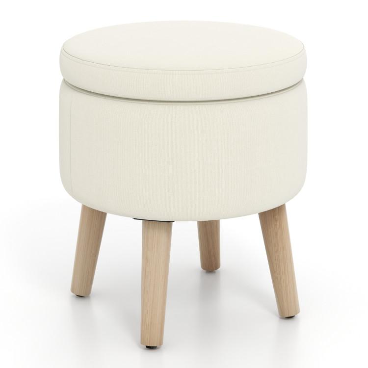 Ottomans |  Round Storage Ottoman with Rubber Wood Legs and Adjustable Foot Pads Beige Living Room Beige